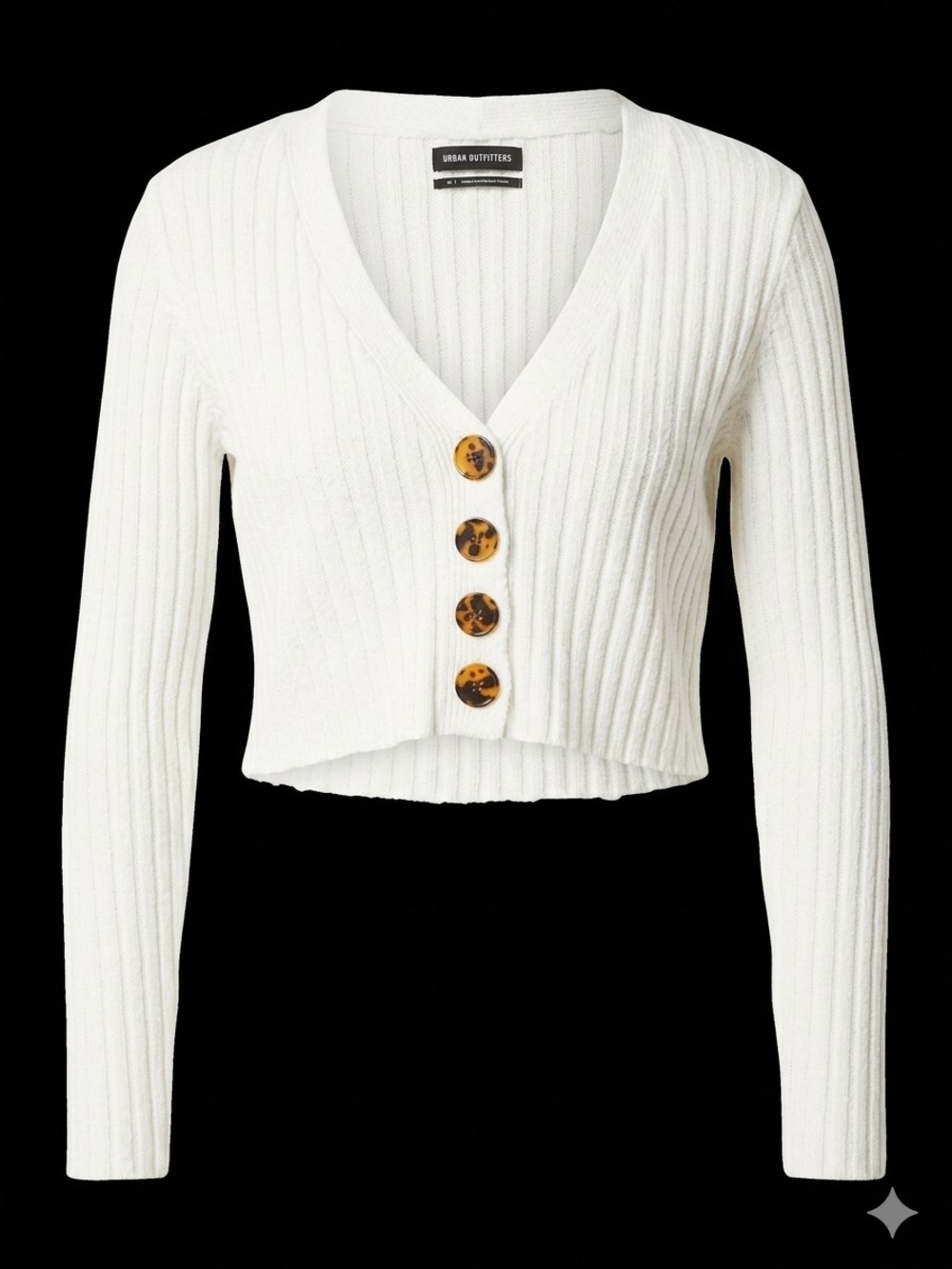 Urban Outfitters White Ribbed Cropped V-Neck Cardigan with Tortoiseshell Buttons